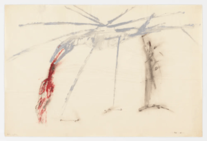 Nancy Spero, Helicopter and Victims, 1967, gouache and ink on paper, 24 × 36". From the “War Series,” 1966–70. © The Nancy Spero and Leon Golub Foundation for the Arts Licensed by VAGA at Artists Rights Society (ARS), New York.