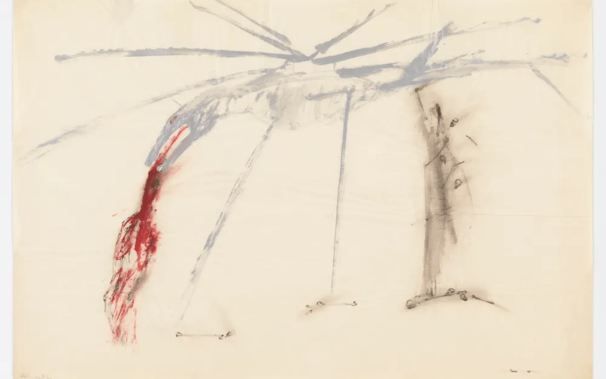 Nancy Spero, Helicopter and Victims, 1967, gouache and ink on paper, 24 × 36". From the “War Series,” 1966–70. © The Nancy Spero and Leon Golub Foundation for the Arts Licensed by VAGA at Artists Rights Society (ARS), New York.